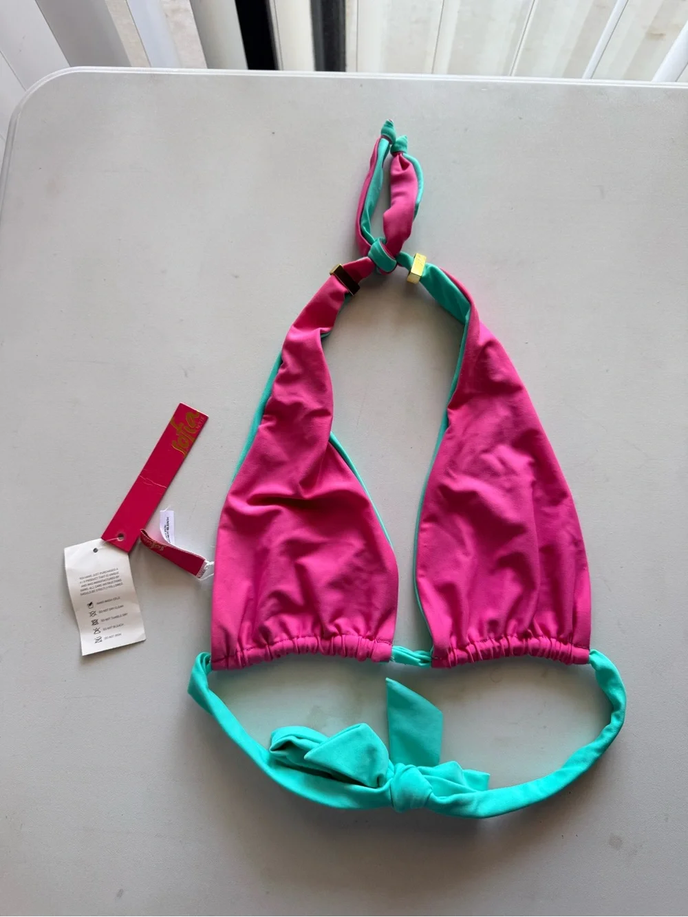 Sofia by ViX Turquoise Halter Bikini Top with Pink Trim.  Size XS